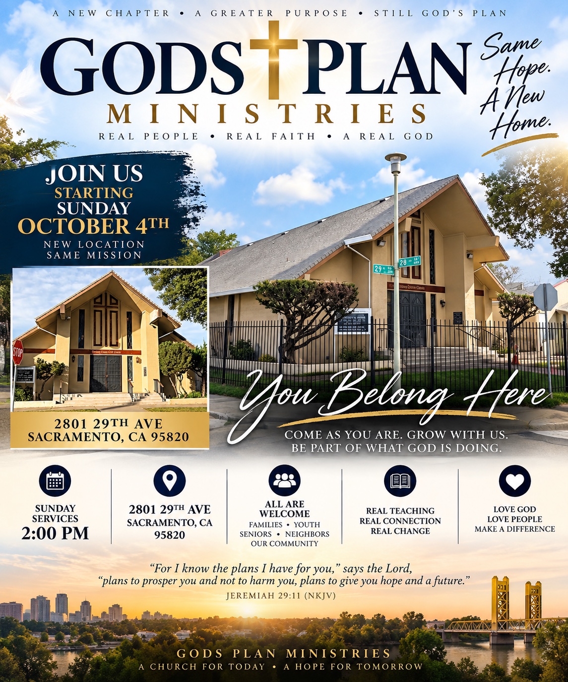 God's Plan Ministries new home announcement with Sunday service details